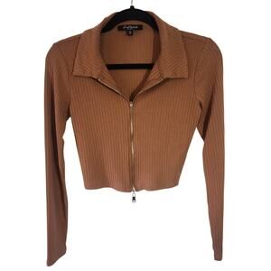 Mixed Thread Brown Long Sleeve Crop Stretch Top w Zipper Size S